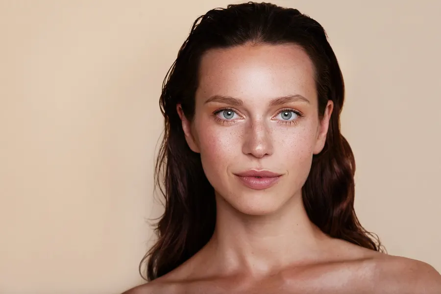 A woman with auburn hair and blue eyes