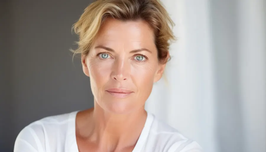 A blonde woman in her fifties on a light studio background