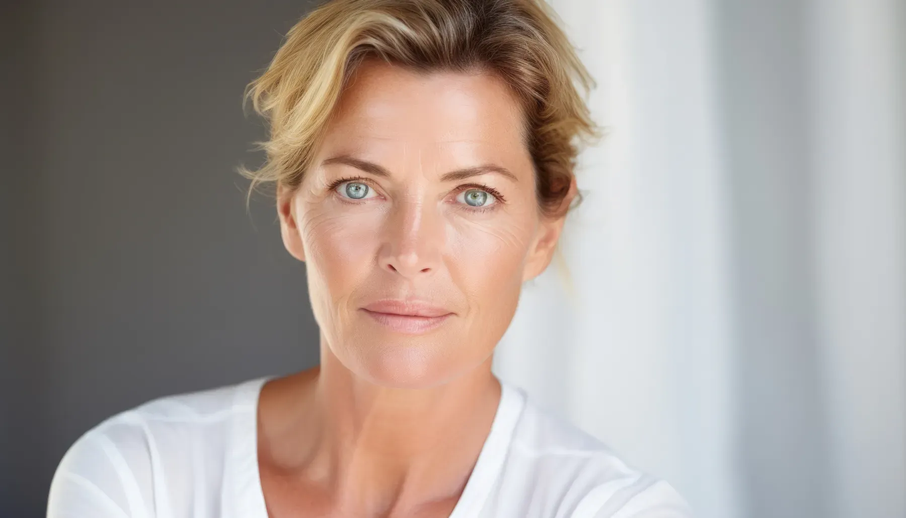 A blonde woman in her fifties on a light studio background