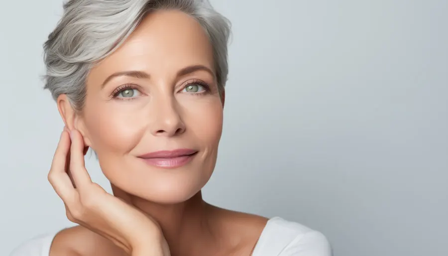 A woman in her fifties with short silver hair, hand at her cheek