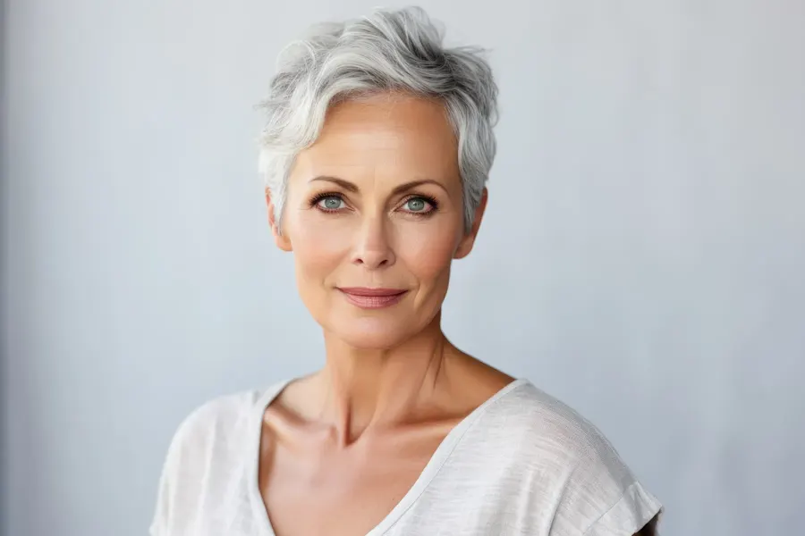 A woman with short silver hair in a white shirt